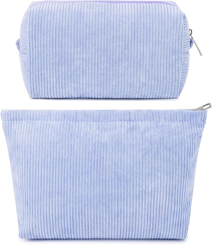 SOIDRAM 2 Pcs Corduroy Makeup Bag Large Cosmetic Bag Toiletry Bag Makeup Pouch Travel Bag Organizer Cute Makeup Brushes Aesthetic Accessories Storage Bag for Women Blue by SOIDRAM