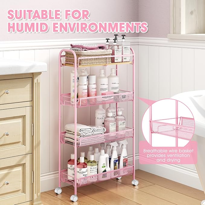 TOOLF 4-Tier Slim Rolling Cart, Metal Storage Cart with Wooden Tabletop and Mesh Baskets for Narrow Space on Kitchen Bathroom Laundry Room Bedroom Apartments Dormitory - Image 5