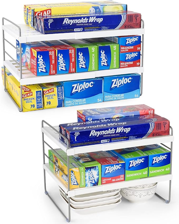2 Pack Expandable Kitchen Wrap Organizer Rack, Height & Width Adjustable Aluminum Foil and Plastic Wrap Organizer for Pantry, Cabinet Food Wrap Organization and Storage - (3 Tier 9.8 to 15.6"L) by HomeKitchen