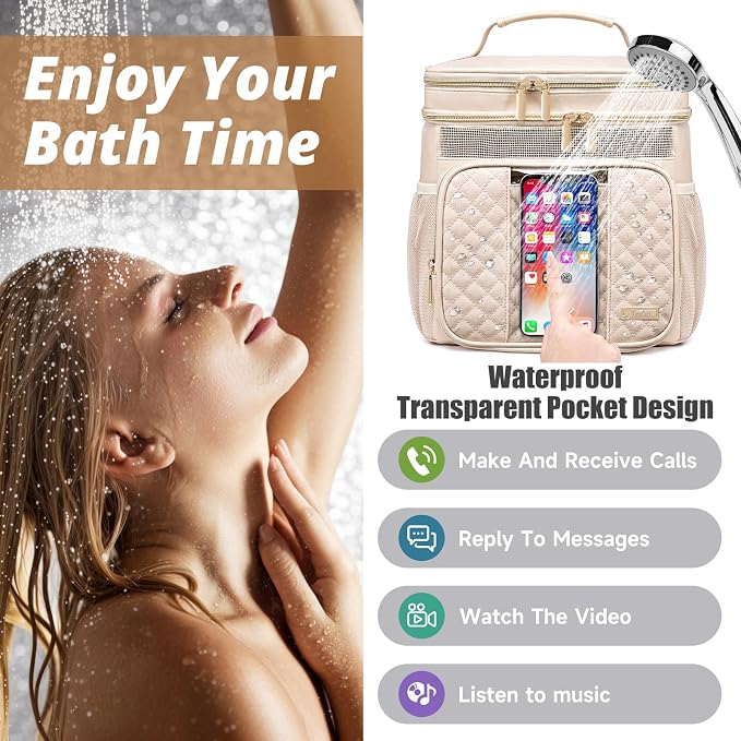 Large Leather Toiletry Bag for Women Men,Bathroom Bag,Water Resistant Shower Bag,Makeup Bag,Portable Shower Caddy for College Dorm,Hanging Travel Toiletry Bag with Transparent Waterproof Phone Pocket - Image 3