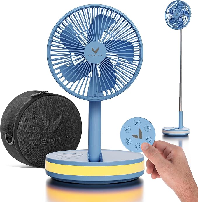 VENTY Portable Fan - Wireless Battery Operated Fan - 4 Speeds - LED Lighting - Carry Case & Remote Control - Cruise Travel - Outdoor Travel RV Power Bank With USB-C Port (Blue with Case) by VentyFan