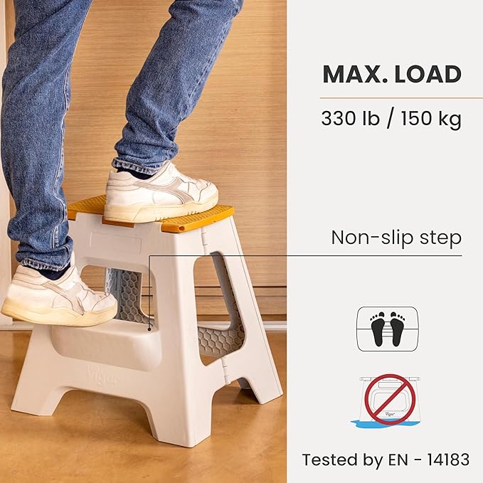 Vigar Compact Folding Step Stool, 16 in 2 Step, Gray Bamboo Print | 16 in Foldable Stool, Lightweight Portable Design, Handle, Non Slip Surface, Space-Saving, Supports up to 330 lb - Image 5