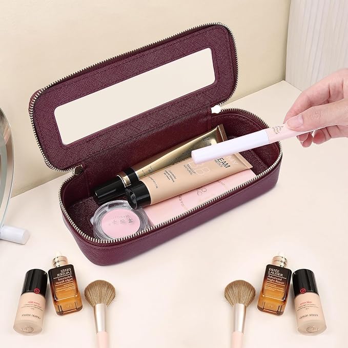 Pinkmik Makeup Brush Case, Burgundy, SLIM | Clear Travel Cosmetic & Toiletry Bag, Small Makeup Bag, Zipper Purse Organizer, Car Essential Bag for Women - Image 6