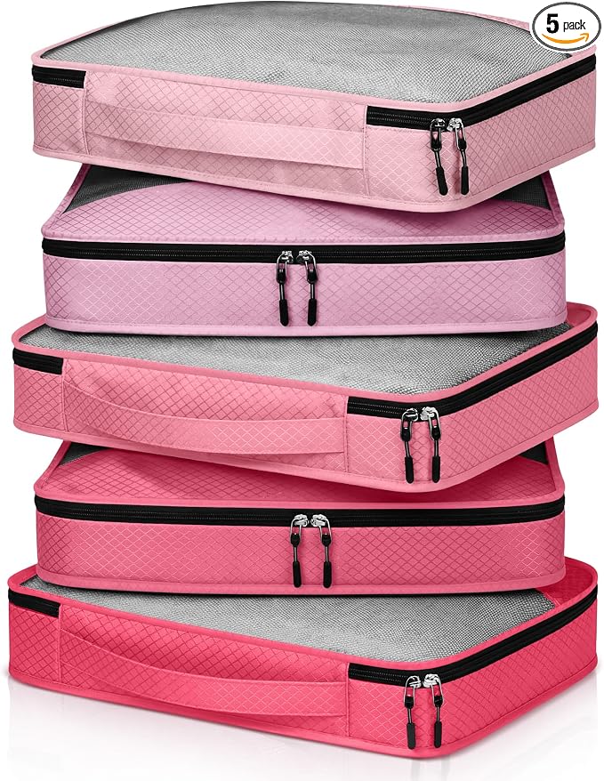 5 Pcs Packing Cubes for Suitcase Large Travel Cubes Carry on Luggage Organizer Bags for Clothes Accessories(L,Pink) by Bulyoou