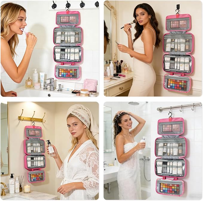 Toiletry Bag with Hanging Hook Chenille Letter Cosmetic Bag Spacious Travel Bag Water-resistant Makeup Bag for Store Toiletries Cosmetic Accessories and Sets for Women Rose Red - Image 5