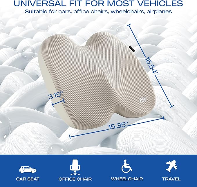 Skechers Seat Cushion, Ergonomic Memory Foam Cushion for Long Sitting Hours on Office & Home Chair, Car Seat Cushion for Sciatica, Coccyx Cushion,Beige - Image 5
