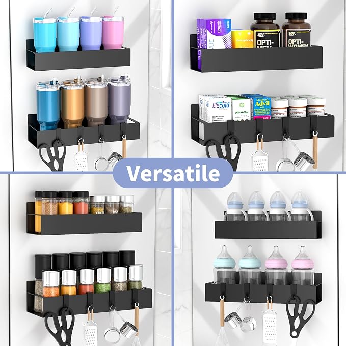 2 Pack Magnetic Spice Rack for Refrigerator Black | Magnetic Cup Holder for Fridge, Magnetic Fridge Shelf with Hooks, Kids Sippy Cup Holder Kitchen - Image 6