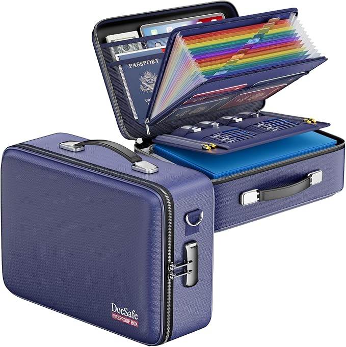 DocSafe Fireproof Document Box Hard Case with Lock ＆ Accordion File Folder | Fire and Water Resistant Safe Box,File Organizer,Multi-Pocket,Home Office Travel Storage for Important Document,Laptop,Blue by DocSafe