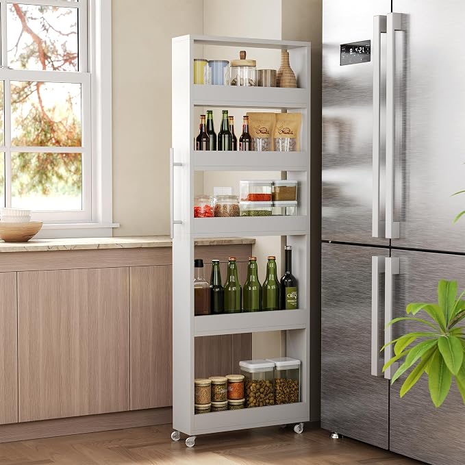 LITTLE TREE 63-Inch Slim Storage Cart on Wheels, 5-Tier Tall Narrow Mobile Shelf Organizer, Rolling Utility Cart with Metal Handle for Kitchen, Dining Room, Small Spaces, White by LITTLETREE
