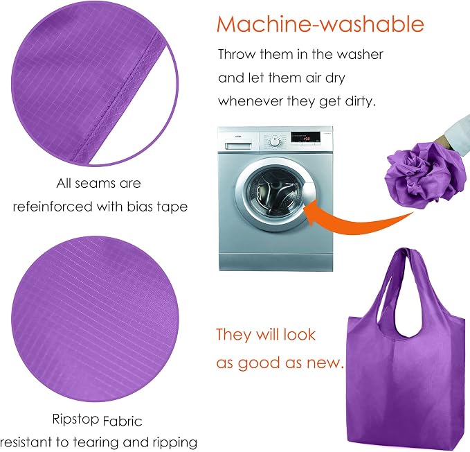 BeeGreen Purple Reusable Grocery Bags Wholesale Purple Reusable Kitchen Bags Bulk Foldable-Machine Washable with Zipper Storage Pouch 10 Packs - Image 5