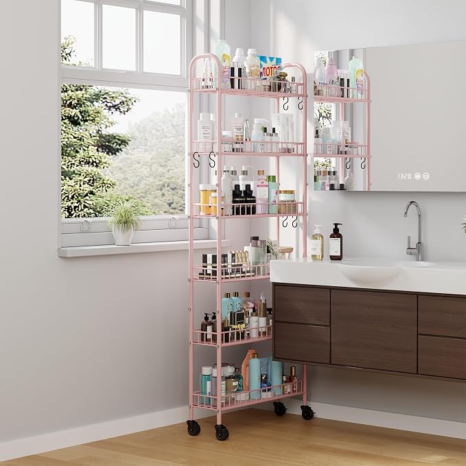 6 Tier Slim Rolling Storage Cart with Wheels, Metal Mobile Shelving Unit Organizer Utility Cart for Office Bathroom Kitchen Laundry Room Narrow Places (Pink 6 Inches) - Image 9