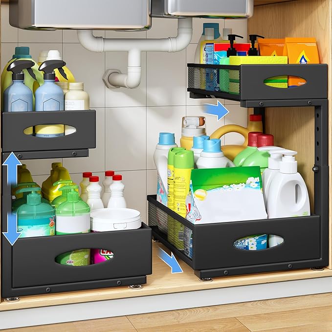 Under Sink Organizer, 2 Tier Pull Out Under Cabinet Organizer Shelf with Pad for Framed Cabinets, Metal Slide Out Under Sink Storage, Mesh Sliding Drawers for Kitchen Bathroom Laundry(Black, 1 Pack) by PXRACK