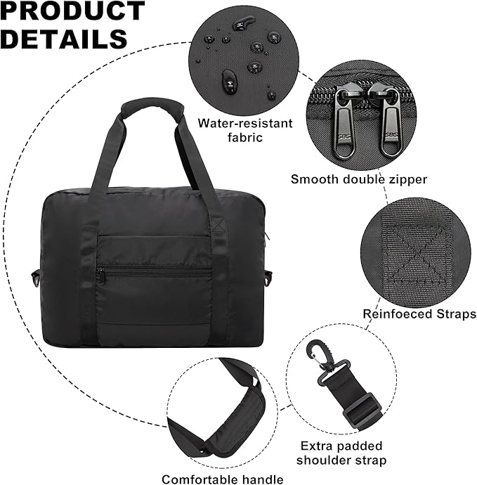 Duffle Bag for Travel Foldable Personal Item Travel Bag, 40L, Black | Carry On Duffel Bag Women Men Frontier Airlines Personal Item Bag Hospital Weekend Overnight Trips - Image 3