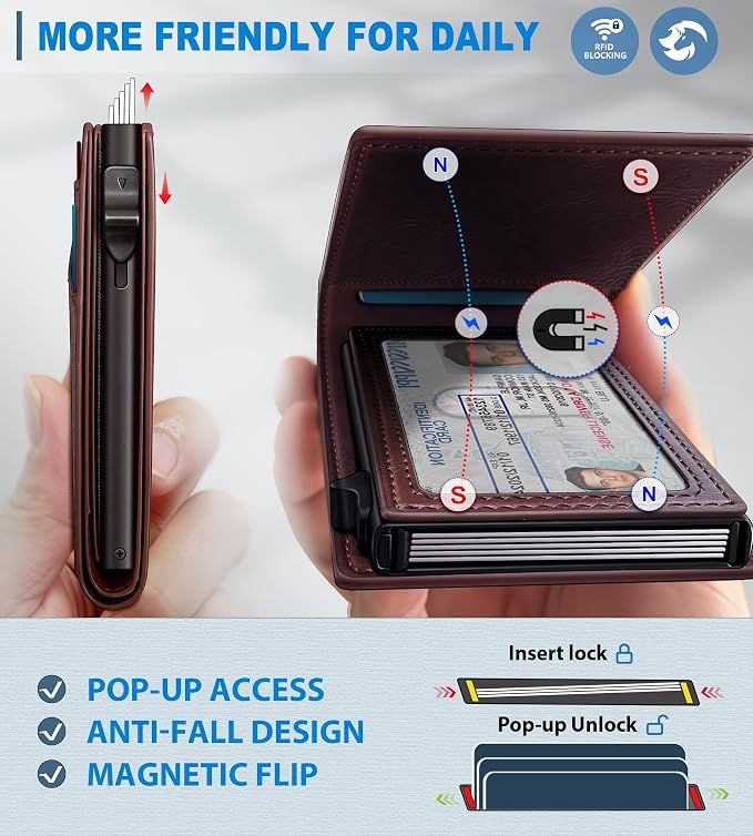 Wallet for Men, Slim Pop Up Card Holder with RFID Blocking, Minimalist Bifold Wallet with 9 Card Slots, ID Window and Cash Pocket, Metal Flip Case with Magnetic Closure, Gift Box - Image 3
