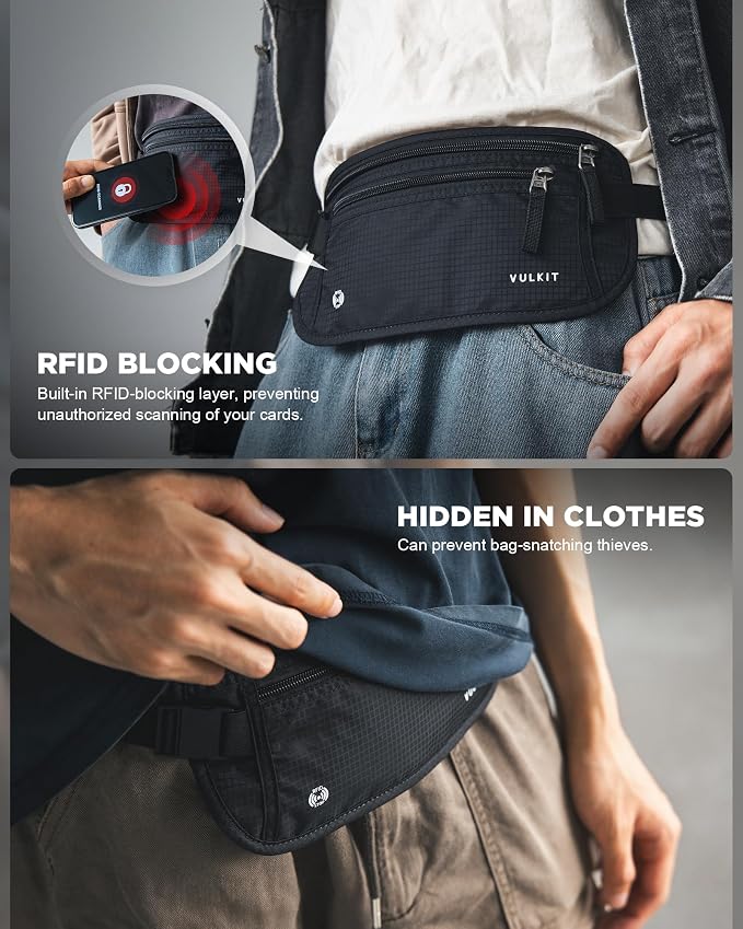 VULKIT Money Belt for Travel, Hidden Passport Holder, Anti-Theft Travel Wallet Under Clothes, RFID Blocking Waist Pouch, Undercover Fanny Pack, Carbon Black - Image 4