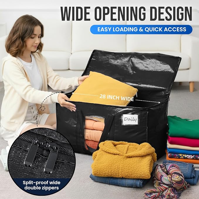 TAILI 2 Pack Black Extra Large Moving Bags,Storage Bag with Visible Window | 93L Heavy Duty Totes For Storage,Wrap Around Handles,Alternative to Moving Boxes, College Dorm,Perfect for Moving - Image 4