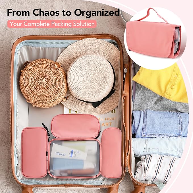 5-Piece Travel Toiletry Bag for Women, Organize Toiletries and Cosmetics | Personal Travel Essentials, with Hanging Toiletry Bag, Clear Cosmetic Bag, Makeup Bag, Jewelry Case & Cable Pouch - Pink - Image 5