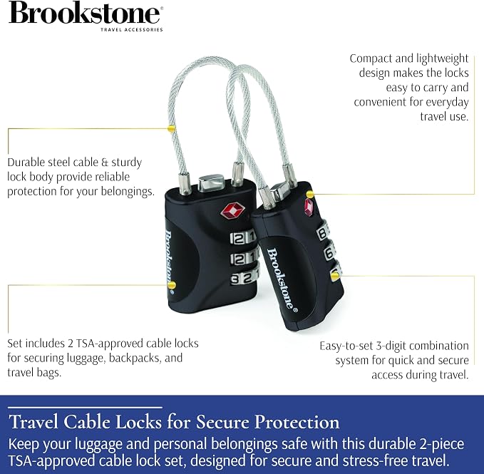 Brookstone Cable Luggage Locks, 2 Pack, TSA Approved, Resettable | 3-Digit Combination Lets You Set Your Own Code, Slim Design Threads Through Zippers or Straps, Great for Bags - Image 2