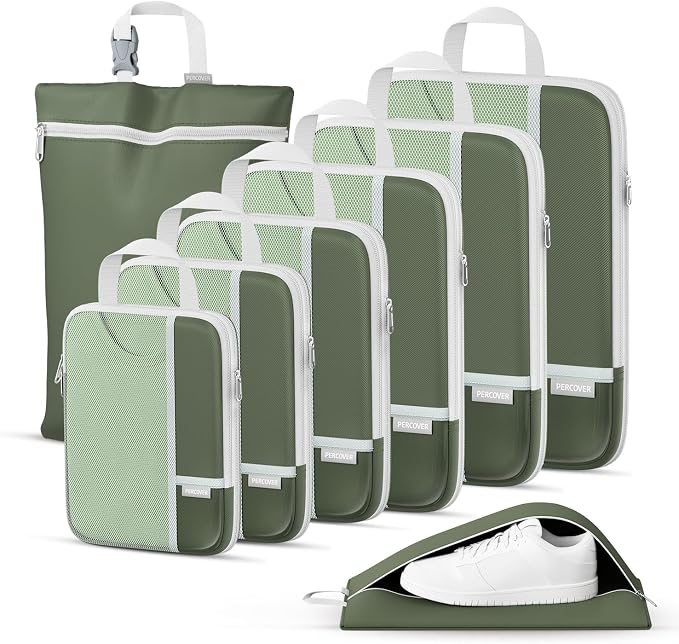 Percover Compression Packing Cubes for Travel, 8-Piece Structured Compression Organizer Set with Laundry Bag & Shoe Bag for Carry-On & Checked Luggage, Green by Unknown