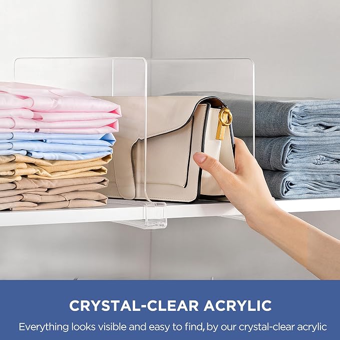 HBlife 5 Pack Clear Shelf Dividers, Vertical Purse Organizer for Closet Perfect for Sweater, Shirts, Handbags in Bedroom and Kitchen, Adjustable Acrylic Bookshelf for Organization - Image 3