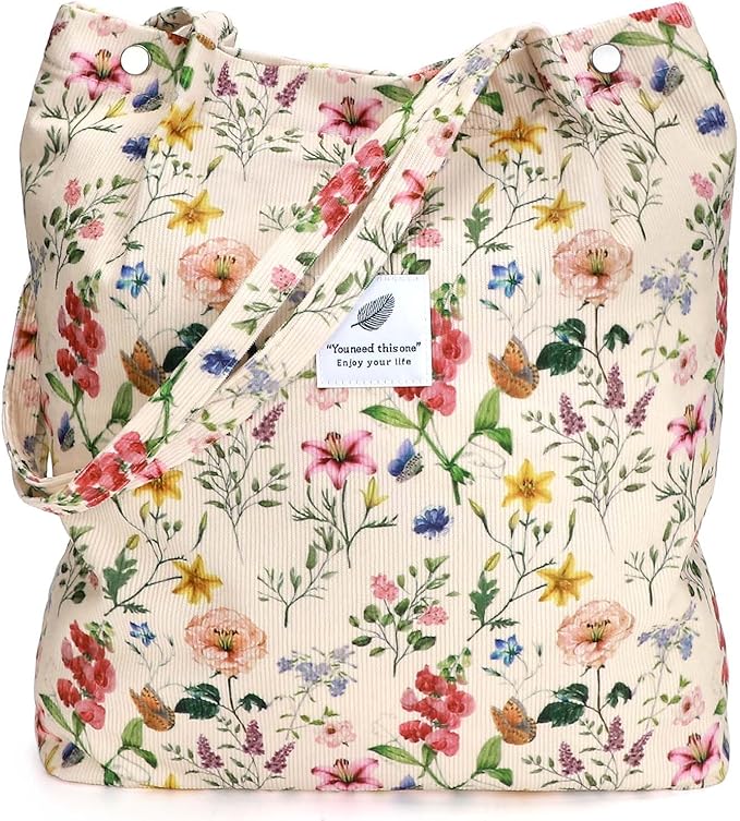 LHMTQVK Corduroy Tote Bags for Women, Large Capacity Tote Purse Reusable Grocery Shoulder Bag with Inner Pockets by LHMTQVK