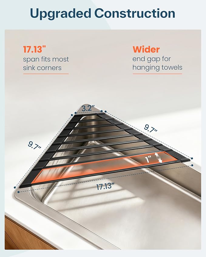 Ohuhu Corner Sink Caddy, Sponge Holder for Kitchen Sink Organizer - Silicone Wrapped Steel Anti Slip Rust Triangle Over the Sink Roll-UP Dish Drying Rack for Sink Corner Kitchen Sink Accessories - Image 6