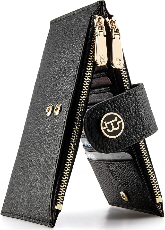 BOSTANTEN Leather Womens Wallet Large RFID Blocking Slim Card Holder | 16 Card Slots, 2 Zipper Pockets, Bifold, Long, Fits Most Purses, Organized Everyday Carry, Ladies Gifts, Black by BOSTANTEN