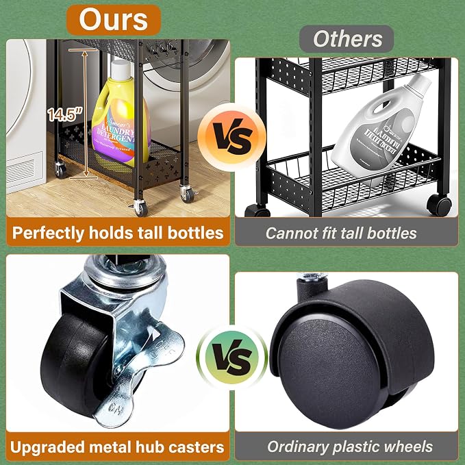 OKZEST Slim Bathroom Organizers and Storage Cart with Toilet Paper Holder | Upgraded metal hub casters, 4-Tier space-saving narrow rolling cart, Premium wood & metal mesh shelves, Holds tall bottles - Image 4