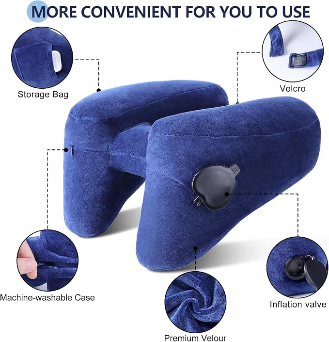 Sunany Travel Neck Pillow for Airplane Pillow Comfortably Supports Head, Neck and Chin, Inflatable Travel Pillow with Soft Velour Cover and Portable Drawstring Bag (Blue, H-Shape) - Image 3