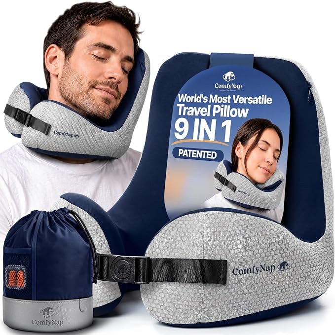 ComfyNap® Versatile Travel Neck Pillow for Airplane [Patented], 9 Positions in 3 Techniques, Plane Pillow with Pure Memory Foam, Travel Pillow with HeadRest Flight Sleep, Travel Essential - Earth by InspiredbyDreams