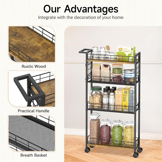 LASZOLA Slim Storage Cart Narrow Shelving Unit with Wheels, 4 Tier | Utility Cart Organizer with Handle, Skinny Rolling Trolley for Small Space Kitchen Bathroom Laundry, Black and Rustic Brown - Image 5