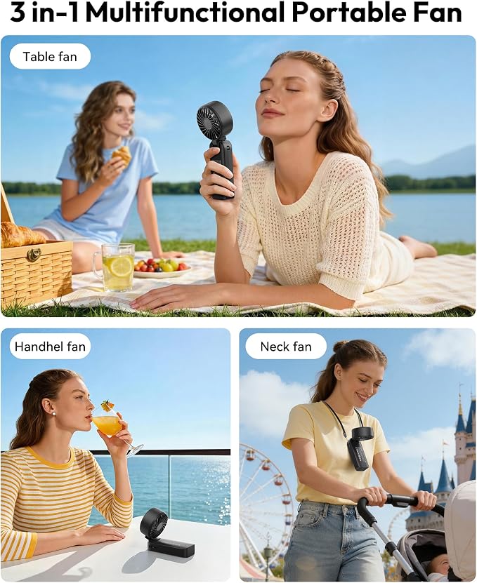 Gaiatop Portable Handheld Fan, Quiet 3 IN 1 Neck/Desk/Hand Fan | Max 18 Working Hours, 5 Speed Rechargeable Battery, Cooling for Travel, Beach, Women/Men Outdoor Activities Gifts Black - Image 4