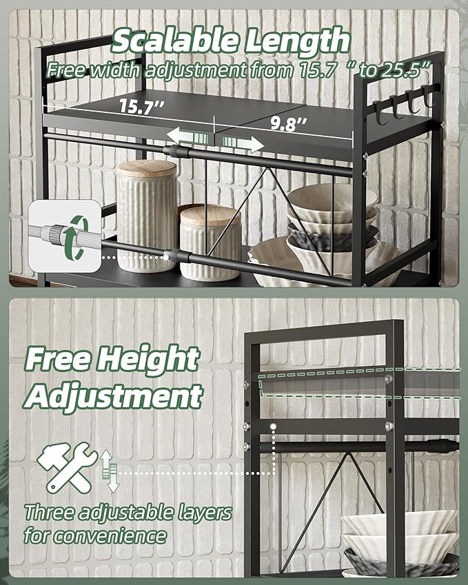 3 Tier Expandable Microwave Stand countertop,Microwave Oven Rack | microwave shelf, storage shelves for pans &appliances,Adjustable partition height，8 Hooks,110lbs max load,Black - Image 5