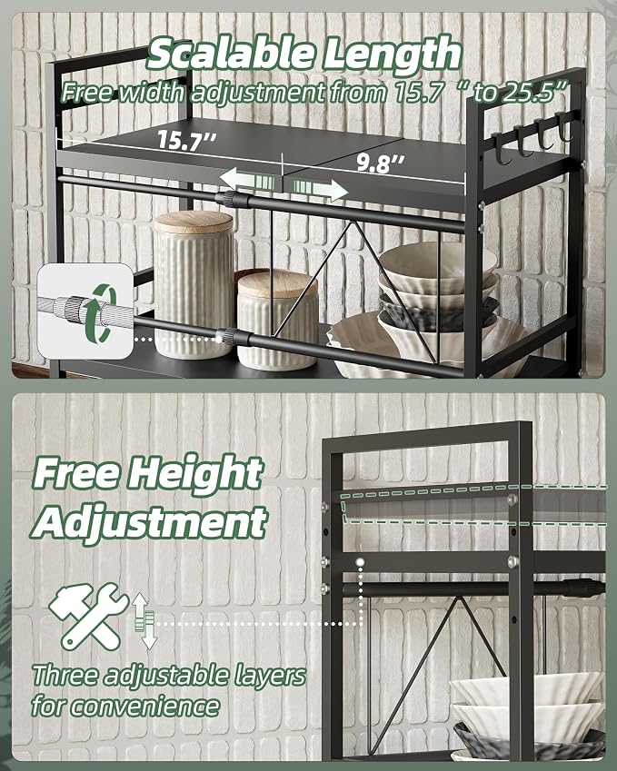 2 Tier Expandable Microwave Stand countertop,Microwave Oven Rack | microwave shelf, storage shelf for pans &appliances,with Paper Towel Holder and Baskets，8 Hooks,55lbs max load,Black - Image 4