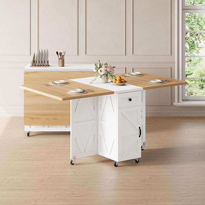 Jocoevol Folding Dining Table for Small Spaces, Foldable Kitchen Table with Drawer, 2-Tier Storage Shelf & Wheels, Space Saving Dining Table for 2 4, Farmhouse, (Natural 47.2" x 23.6" x 29.5") - Image 9