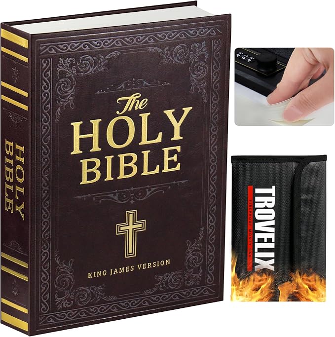 Book Safe with Combination Lock, Hidden Safe (10.9 x 7.7 x 1.8 Inch) with Fireproof Bag, Secret Diversion Safe, Hollow Book Box Hidden Storage, Money Safe Box for Cash (Bible) by KOFAIR