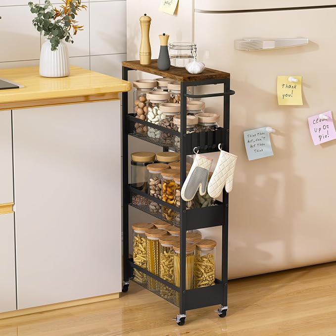 Vincona 7.1" Wide Slim Rolling Utility Cart, 4 Tier Metal Narrow Storage Cart with Handle and Wood Top, Multifunctional Small Mobile Shelf Unit Organizer Trolley for Laundry, Bathroom, Kitchen - Image 8