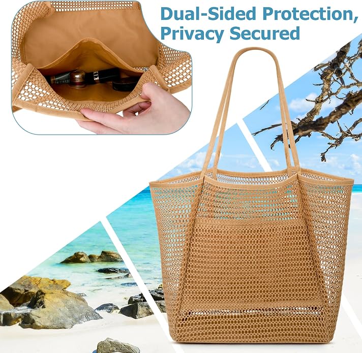 Iioscre Beach Bag for Women, Causal Hobo Handbags with Zipper Inner Pocket | Foldable Swim Tote Bag for Beach Vacation Essentials - Image 5