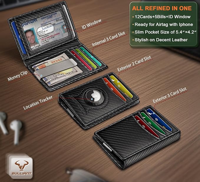 BULLIANT Magnetic Slim Leather Airtag Wallet Money Clip For Men 12Cards | RFID Blocking | Easy Access | Gift Boxed | Pocket Fit - Image 2