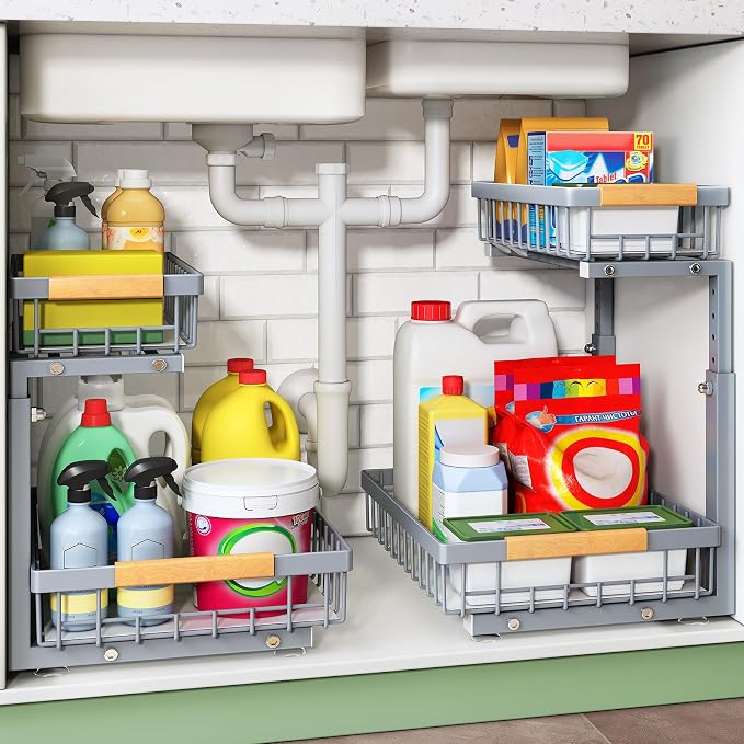 Kitstorack Under Sink Organizer, 2 Tier Under the Sink Storage, Slide out Pull out Cabinet Organizer Shelf, Metal Sliding Drawer for Kitchen Bathroom Pantry Closet Organization Rack, Grey, 1 Pack by Kitstorack