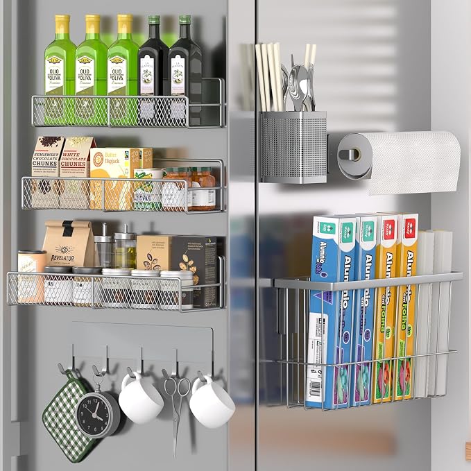 DTUQYX Magnetic Spice Rack for Refrigerator, 7 Pack Metal Magnetic Shelf, Moveable Magnetic Storage Fridge Organizer Grey, Spice Organizer, Hook Rack, Paper Towel Holder, Cutting Board Holder, HM5471 by DTUQYX