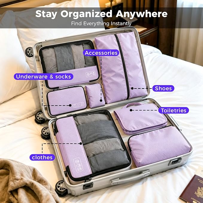 Compression Packing Cubes for Travel, 8-Piece Carry-On Suitcase Organizer | Elegant Ultralight Luggage Organizer Set for Women, Space Saving for Carry-On, Suitcase & Vacation Cruise Travel - Purple - Image 6