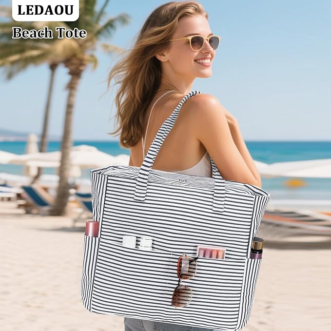 LEDAOU Beach Bag Waterproof Sandproof Women Beach Tote Pool Bag with Zipper for Swim Gym Grocery Travel with Wet Pocket | Sandproof - Image 2