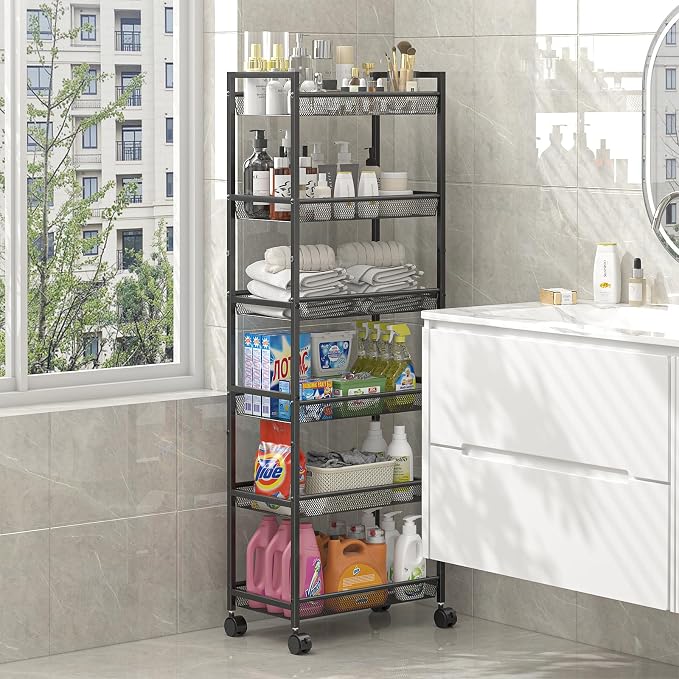 6 Tier Slim Rolling Storage Cart, Narrow Mobile Shelving Unit Organizer Utility Cart with Wheels, Metal Wire Storage Rack with Baskets for Kitchen, Bathroom, Laundry & Living Room, 10in(W) Black - Image 7
