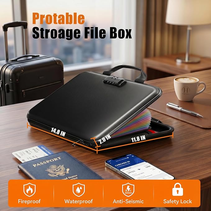 Fireproof Document Organizer with Lock, Rigid EVA File Box with 13-Pocket Accordion Folder for Important Documents & Tablets under 11", Lightweight Safe Storage for Home, Office & Travel (Small Size) - Image 6