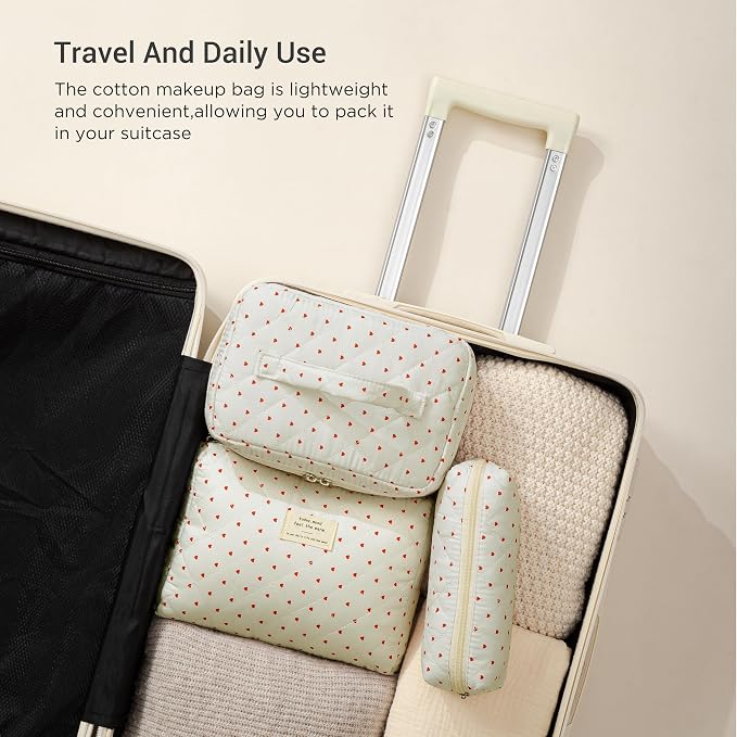 HBselect Quilted Makeup Bag, 3Pcs Cotton Large Travel Makeup Bags Organizer | Cute Floral Make up Bag Cosmetic Bag Toiletry Bag for Women Girls, Makeup Pouch for Skincare, Brushes & Travel Essentials - Image 4