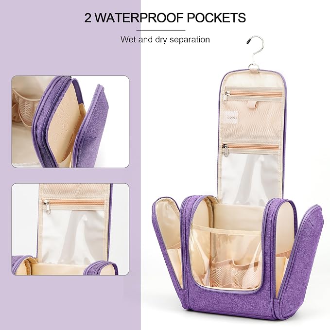 Hanging Travel Toiletry Bag for Women and Men, 6 Organizer Compartments, Large Toiletries essentials, Bathroom Cosmetic Accessories, Water-resistant Makeup Bag, Holds Full-Size Shampoo, Purple - Image 5