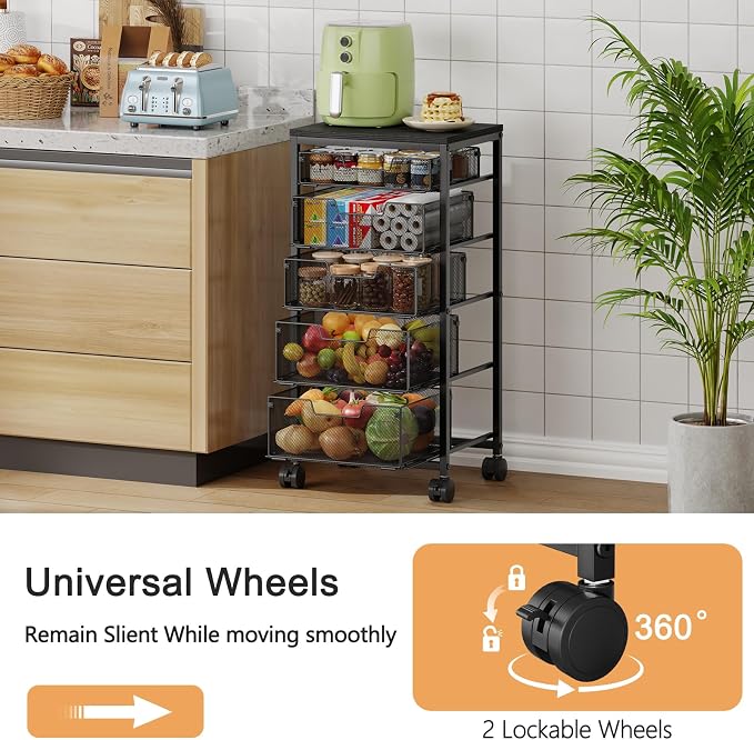 Kitchen Storage Cart with Drawer, 5-Tier Fruit Vegetable Storage Cart, Kitchen Organizer and Storage Cart with Wheels, Wooden Top Metal Wire Pantry Storage Cart rack for Fruit Snack Onion Potato - Image 3