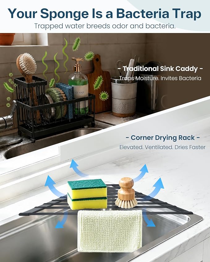 Ohuhu Corner Sink Caddy, Sponge Holder for Kitchen Sink Organizer - Silicone Wrapped Steel Anti Slip Rust Triangle Over the Sink Roll-UP Dish Drying Rack for Sink Corner Kitchen Sink Accessories - Image 3