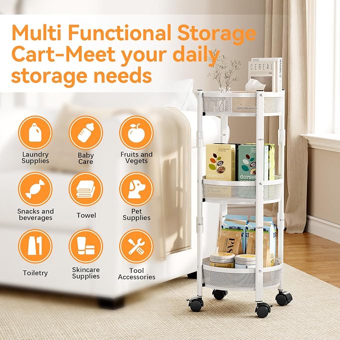 TOOLF 3 Tier Foldable Rolling Cart, Metal Utility Storage Cart, White | Assembly-Free, Lockable Wheels, Round Trolley Organizer for Bathroom, Kitchen, Office, Dorm, Laundry, Craft Room - Image 6